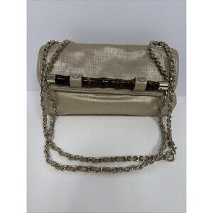 Elaine Turner Bamboo Detail Purse Clutch Boho Gold Beige Adjustable Chain Strap